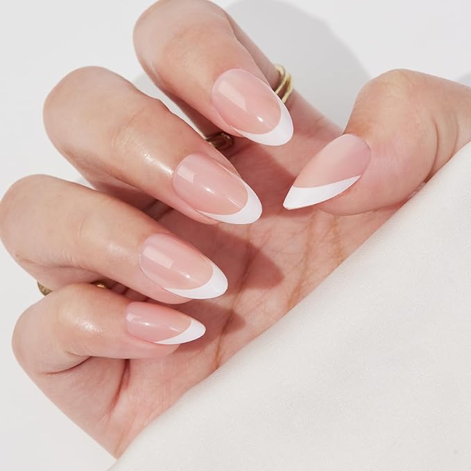 French Tip Press On Nails Almond - Findigit Natural Fake Nail Short with Glue,Supremely Fit & Natural Glue On Nails with Nail in 16 Sizes - 32 Nails Kit,White