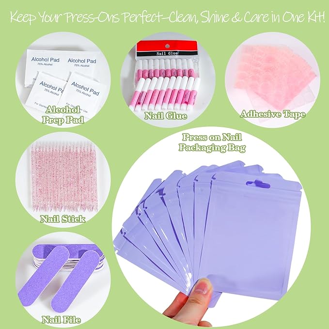 Press On Nail Tool Kit with Everything, Bebbtiy Press On Nail Prep Tool Kit Disposable Manicure Kit with Nail File, Nail Glue, Prep Pads, Adhesive Nail Tabs, Wood Stick, Packaging Bag (50pcs-purple)