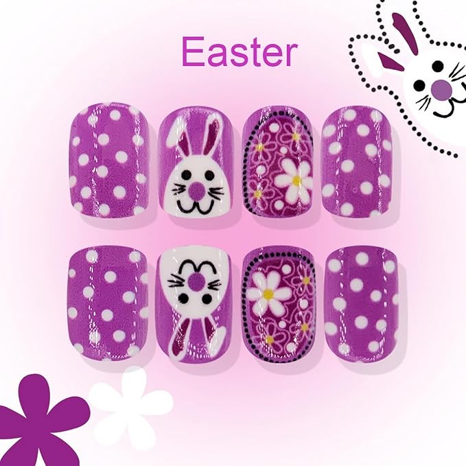 24 Pcs Easter Day Press on Nails Short Square Shaped Fake Nails with Cute Easter Bunny Designs Purple Flower White Dots False Nails Glossy Full Cover Acrylic Nails Stick on Nails for Women Nail Art