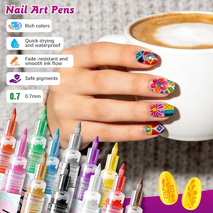 Nail Art Pens, 12 Color 0.7 MM Nail Polish Pens Set Drawing Point Painting Liner Painted Pen Kit, Quick Dry Waterproof Nail for DIY Nails Art Design Manicure Tools