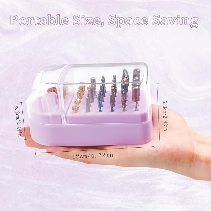 Nail Drill Bits Holder 2 in 1 Nail Drill Bits Cleaning Brush Case, 30 Holes Dustproof Acrylic Nail Drill Holder Storage Box, Nail Drill Bit Holder Stand Displayer Organizer for Home Salon Use (Purple)