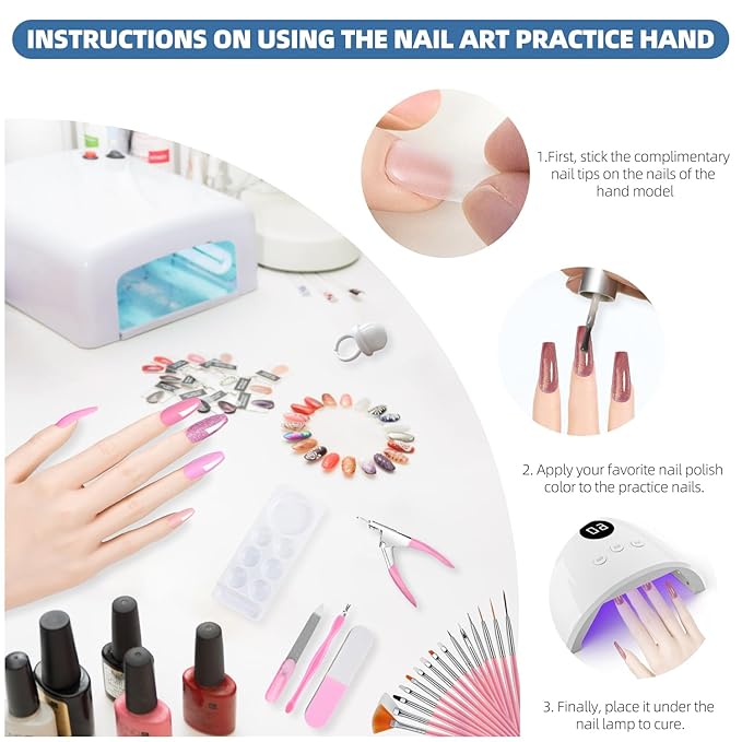 Practice Hand for Acrylic Nails, Flexible Bendable Fake Hand with Adjustable Stand, Nail Training Kit Mannequin Hand for Beginners & Nail Artists (Clamp Stand)