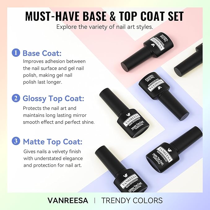 VANREESA 24 Pcs Gel Nail Polish Set, 21 Colors Gel Polish with Base Coat Glossy & Matte Top Coat Pink Red Yellow Orange Green Brown Blue Purple Gel Polish Kit Nail Kit Gifts for Women Girls