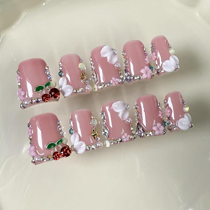 Duck Press on Nails Duck Handmade Press on Nails 3D Luxury Rhinestone Cherry and Pearl Acrylic Fake Nails Designs Flower Stick on Nails Full Cover Thickened False Nails for Women Nail Art DIY（S)