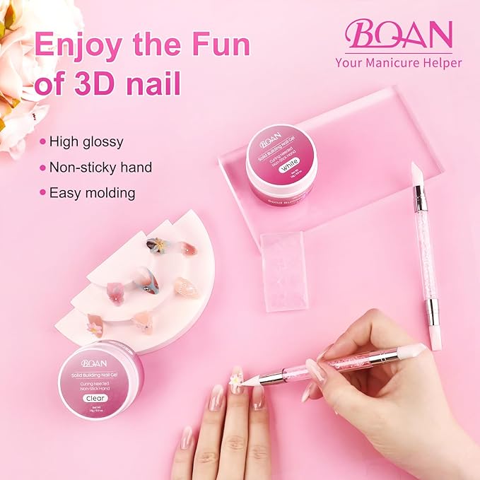 BQAN 3D Nail Art Gel Kit - 2Pcs 15g White & Clear Non-Sticky Hand Builder Sculpting Gel with Tools for Extensions, Carving & Molding | Professional Salon Quality for Techs & Beginner