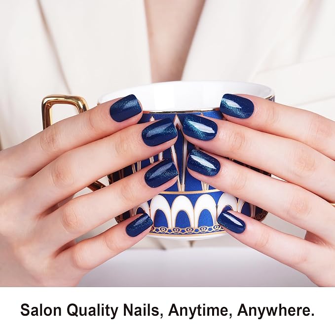 DANNI & TONI Semi Cured Gel Nail Strips Royal Blue Magnetic Cat Eye Gel Nail Wraps 28 Stickers | Abyssal Glint
