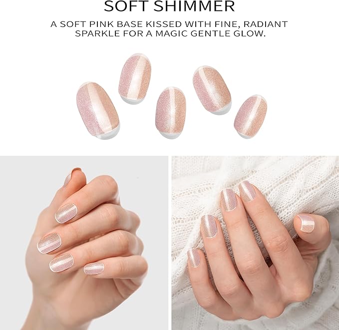 Semi-Cured Gel Nail Strips - 20 Salon-Quality Gel Sticker with UV Light Required, Long Lasting, Easy Application & Removal, Includes Prep Pad, Nail File, Wooden Stick (Soft Shimmer)