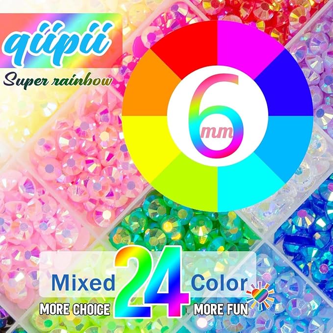 24 Color 6mm Jelly Resin Rhinestones w B7000 Jewelry Glue for Bedazzling Flatback Stones Colorful Resin Non-Hotfix AB Gems Diamonds Bulk for Nails Eyes Face Makeup Crafting Tumblers DIY Crafts