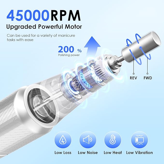 Professional Electric Nail Drill 45000RPM (Portable & Rechargeable) (with 11 Drill Bits ) Cordless Nail File Machine for Shaping, Polishing & Removing Gel Nails for Salon Home (White)