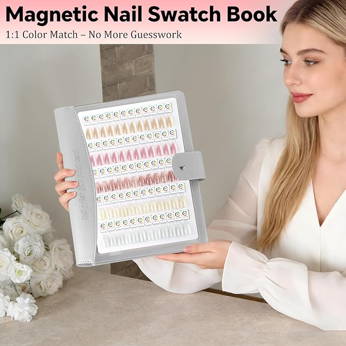 60 Magnetic Nail Swatch Book,Leather Nail Color Display Book with 72 Magnetic Tips & Number Labels,Professional Nail Salon Color Display Book for Easy Preview & Storage Silver