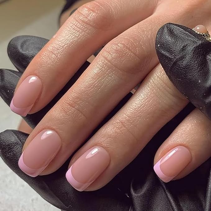 Modelones French Tip Press on Nails Short, Square Spring Fake Nails, Reusable Nail Kit with Nail Glue Adhesive Tabs Mini Nail File, Nails Press Ons 32Pcs 16Sizes, Women Girl Gift, Pink