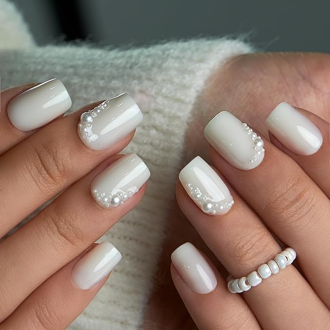 Curvlife Press On Nails Short Square White - Pearl Crescent Press on Nails with Glue, 3D Pearl French Tip Glossy False Nail Tips with Pearls for Women Wedding