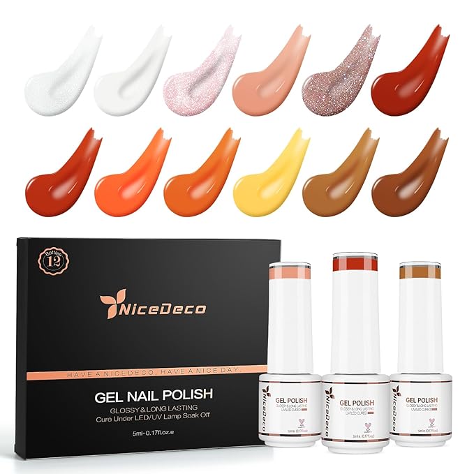Nicedeco Gel Nail Polish Nail 12 Colors, Hema Free, Cruelty Free, Vegan, Nude Pink Orange Brown Fall U V Gel Manicure Kit 7