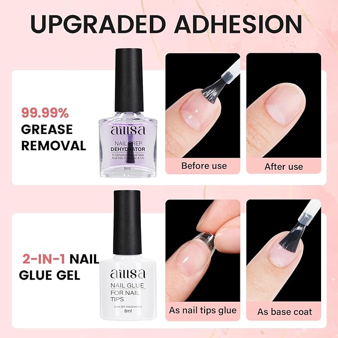 AILLSA Nail Extension Kit Short Almond Nail Tips 240pcs with 2 In 1 Nail Glue Base Coat and Nail Dehydrator, Gel Nail Tips Kit with Nail Lamp Top Coat for Starters Home Salon Valentine's Day