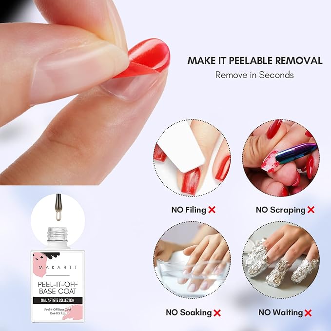 Makartt Peel Off Gel Base Coat 15ml – Clear, Easy Removal Gel Nail Polish Peelable Base for Practice, No Soaking or Filing, Damage-Free for Weak & Thin Nails, UV/LED Lamp Needed, Beginner-Friendly