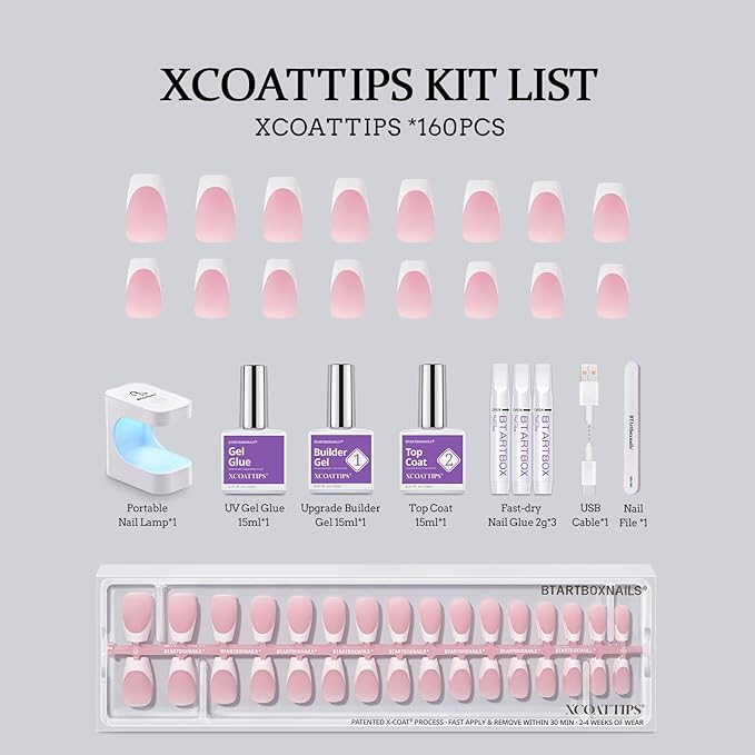 BTArtboxnails XCOATTIPS French Tip Press on Nails - Short Coffin Nail Tips with Nail Gel, Air-Dry Nail Gl ue, French Protecing Duo, Nail Lamp, All in One Soft Gel Fake Nail Gel Extension Kit