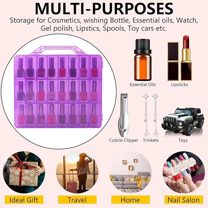 Universal Nail Polish Holder Gel Nail Polish Organizer Case for 48 Bottles Adjustable Dividers Space Saver,Double Sided Storage for Nail Bottles Mini Cars Threads Essential Oils (Purple)