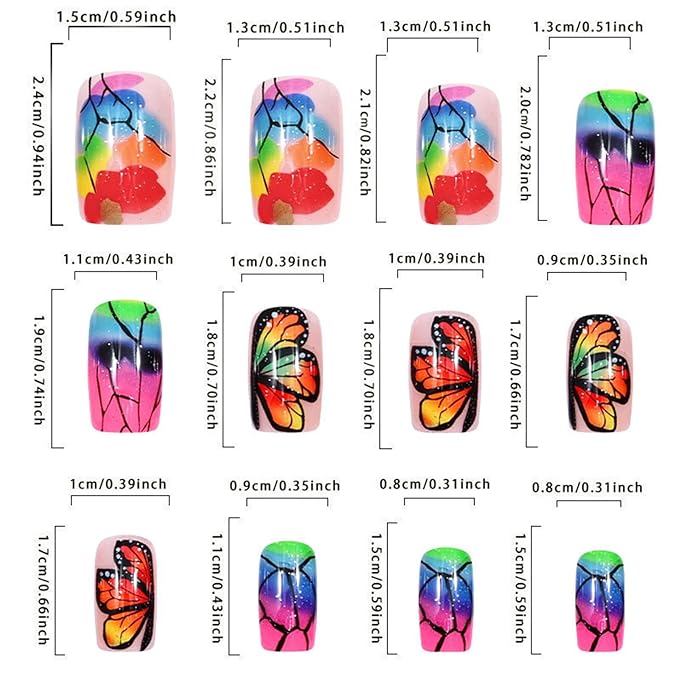 Square Press on Nails Medium Fake Nails with Designs Butterfly Stick on Nail Colorful Acrylic False Nail Glossy Artificial Nail Full Cover Glue on Nails for Women