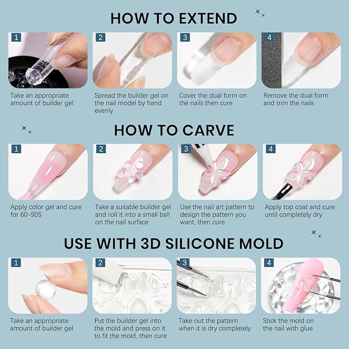 Clear 3d Nail Gel Sculpting Gel, Non Stick Hand Moding Gels for Nails with 3D Silicone Nail Art Molds Solid Builder Sculpture Hard Gels for Extend Home DIY Manicure