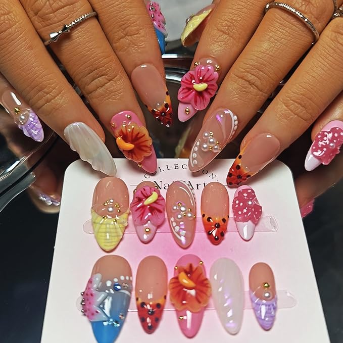 Handmade Acrylic Press On Nails Almond, 3D Press On Nails Medium, Flower 3D Pink Nails French Tip Bubble Preal For Women Gift, Reusable Stick On Fake Nails Kit With Nail Glue (Floral Dreamscape-L)