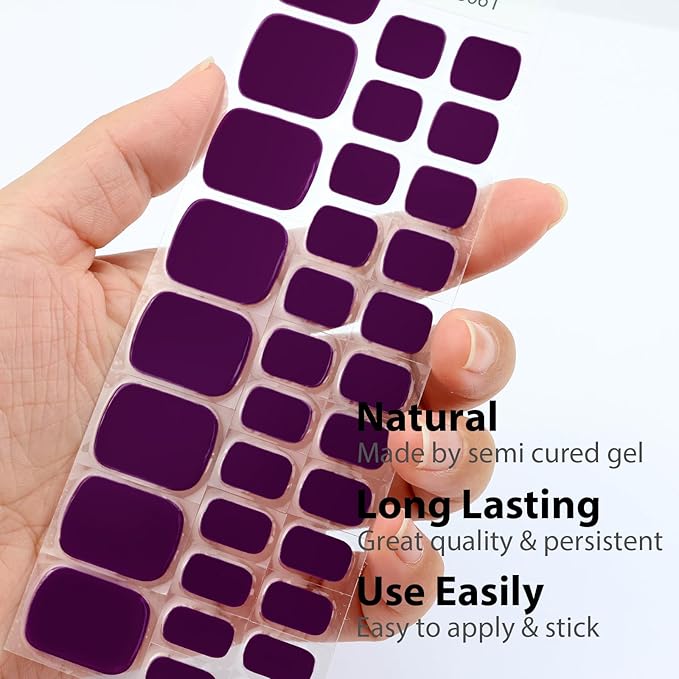 32 Pcs Semi Cured Gel Toe Nail Strips Purple Solid Gel Nail Stickers Full Cover Purple Nails Wraps Self Adhesive Toe Nails Polish Strips Stickers for Women UV/LED Light Required