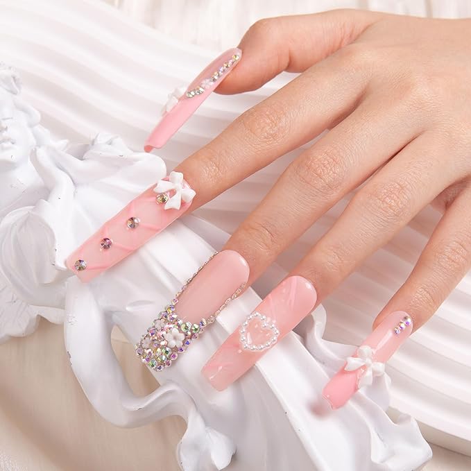 LOVFUL Press on Nails Vintage Shortcake| Handmade with Full Covered Crystals| Reusable Fake Nails| Square Mid length 1.7in| H187-S