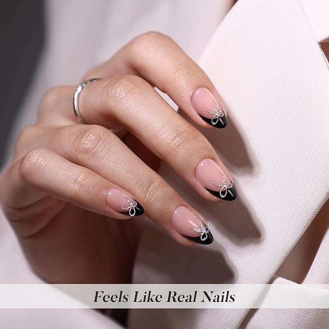 Black French Tip Press on Nails Short with 3D Bow Design - Soft Gel Almond Fake Nails for Women Gift, Natural Stick on Nails with Glue in 16 Sizes - 32 Reusable Nails, Silver Ribbon