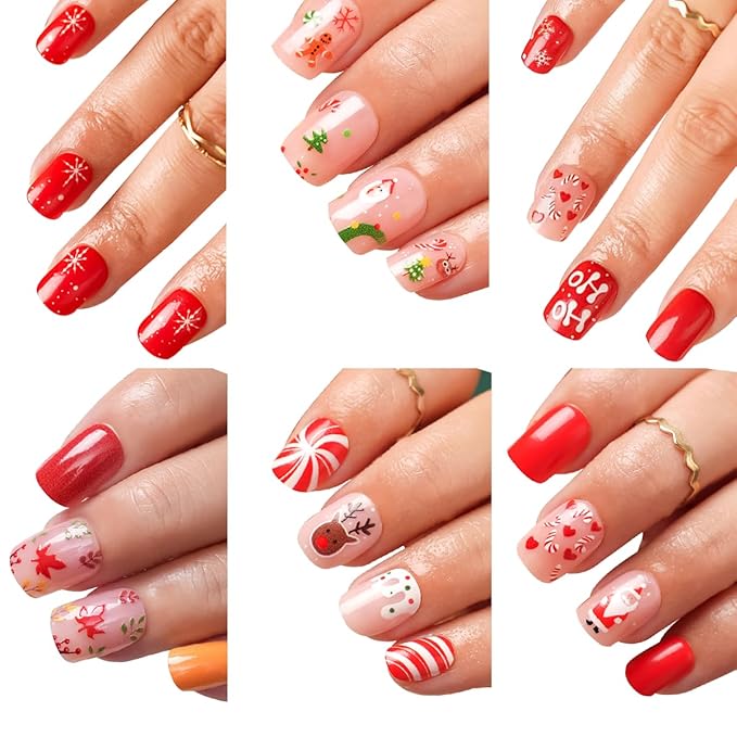 6 Packs (144 Pcs) Christmas Press on Nails Short Square Fake Nails Winter Xmas False Nails with Designs Snowflake Marple Leaves Glue on Nails Full Cover Glossy Acrylic Stick on Nail for Women Manicure