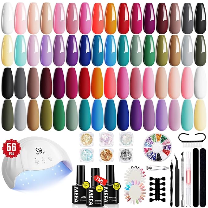 MEFA 32 Colors Gel Nail Polish Kit with U V Light, 54 Pcs Nude Pink Popular Gel Nail Polish Starters Set with Matte/Glossy Base Top Coat Essential Manicure Tools Nails Art Decorations Salon DIY Gifts