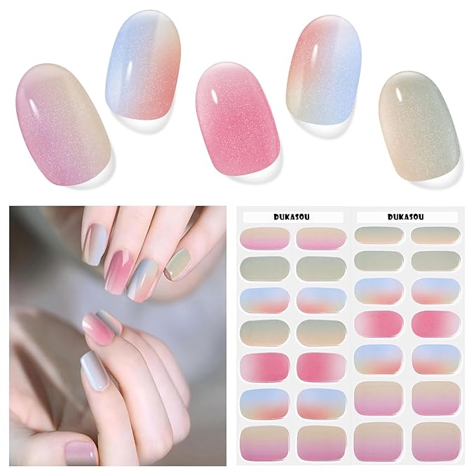 Semi Cured Gel Nail Strips, 28 pcs Gel Nail Stickers Work with Any UV Lights, Long-Lasting Nail Wraps for women DIY Art Gift, Easy to Apply & Remove