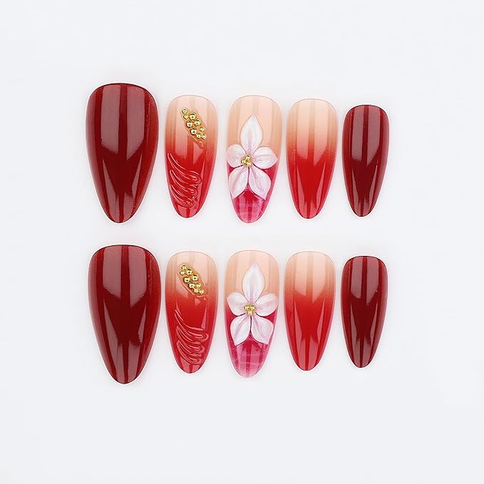 Red Press on Nails Medium Almond, Fake Nails with 5D Flower Design, Glossy Ombre Glue on Nail, Water Ripple French Tips Nails, Press ons Reusable, Gold Beads Acrylic Nail for Women Manicure