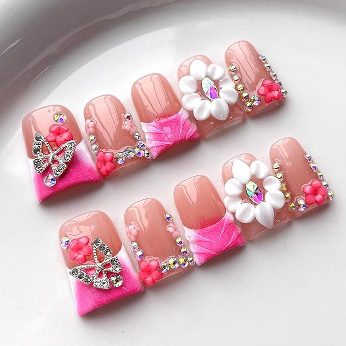 French Tip Press on Nails Handmade Short Duck 3D Flower Thick Acrylic Nails Pink False Nails with Butterfly Floral Rhinestones Designs Elegant Glossy Fake Nail Sturdy Art Press on Nail 10Pcs(S)
