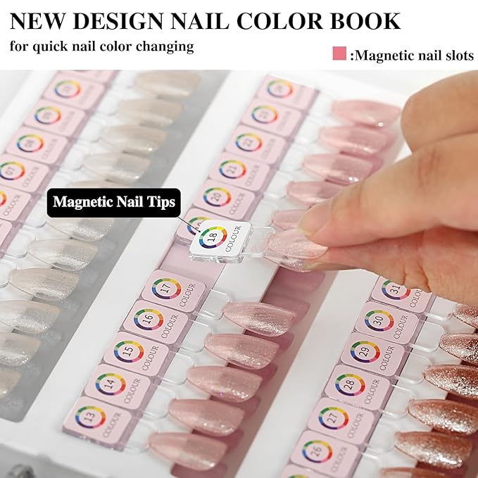 144 Magnetic Nail Color Book,Leather Magnetic Color Display Book with 144PCS Magnetic Tips & 1-240 Number Labels,Perfect for Nail Polish Nails Art Design(Pink)