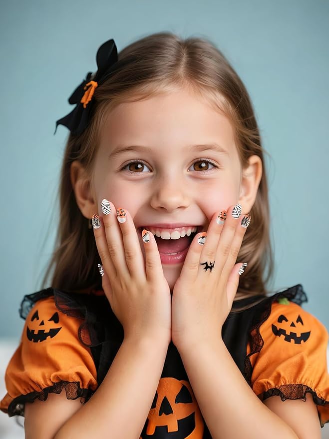 EBANKU Halloween Kid Press on Nails, 24Pcs Sparkle Almond Fake Nails Kit Full Cover Orange Web Cute Design Acrylic Nails with Nail Glue for Girl