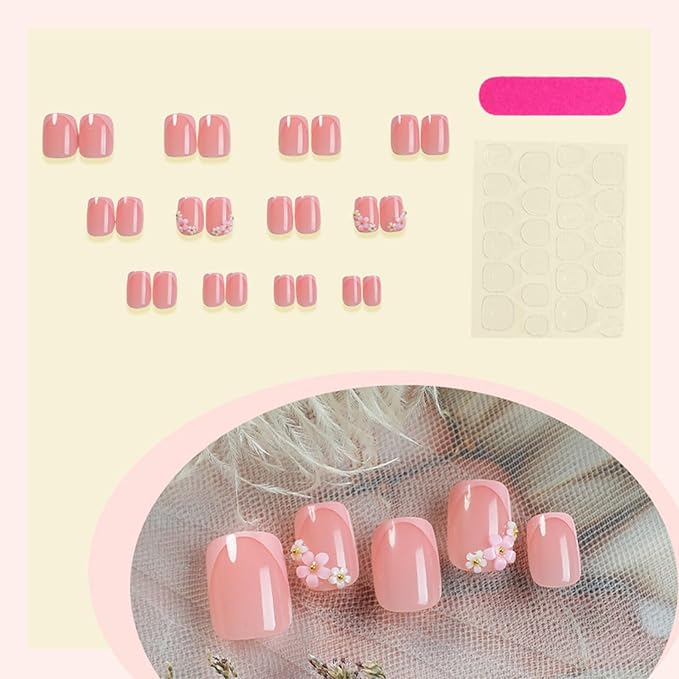 Square Press on Nails Short Fake Nails with Designs 3D Flower Stick on Nail Pink French Acrylic False Nail Glossy Artificial Nail Full Cover Glue on Nails for Women 24Pcs