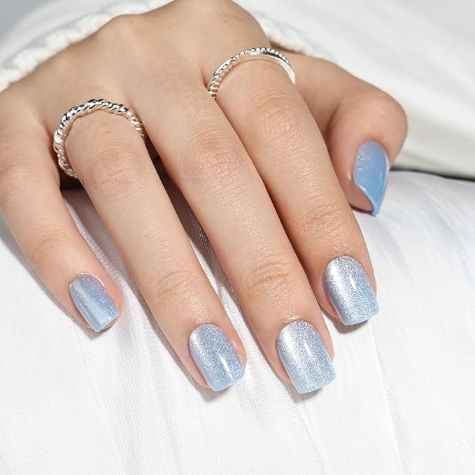 Press On Nails, Short Square Blue Press on Nails Arctic Glazed Nails Press Ons for Women DIY Fake Nails Kit with Glue, Glossy Reusable Glue on Nails Short in 15 Sizes - 30pcs, Arctic Glaze