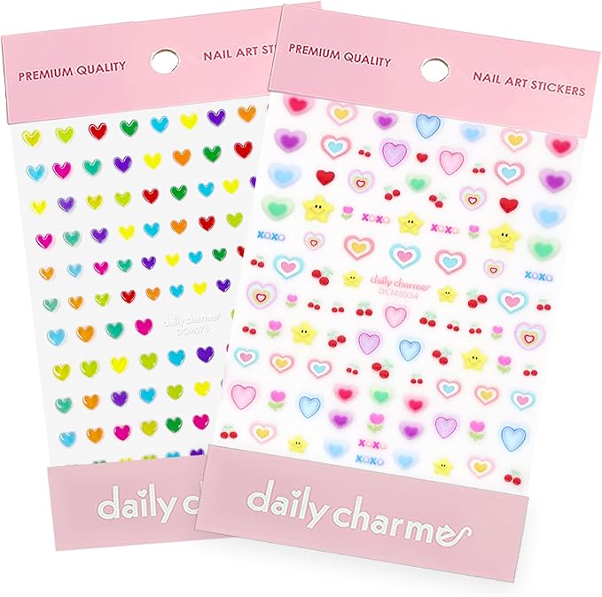 Daily Charme Self-Adhesive Colorful 3D Jelly Heart Nail Art Sticker Bundles Fun Cute Hearts and Stars Nail Stickers for Nail Art Design DIY Colorful Creative Stickers for Women Girls