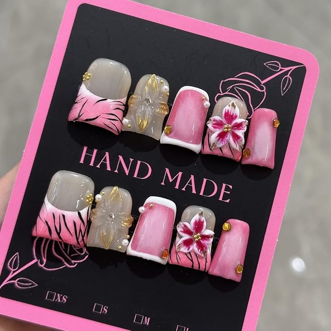 Handmade Press on Nails Short Duck Press on Nails with 3D Pearl and French Designs Stick on Nails Gradient Flower Acrylic Nails for Women Art Manicure (Size S）
