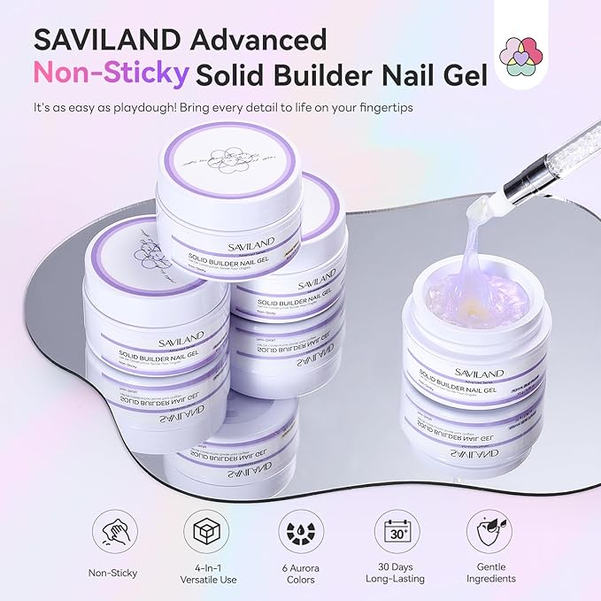 SAVILAND Advanced Non-Sticky Solid Builder Nail Kit: 6PCS Aurora Colors 30 Days Long-Wear Sculpting Gel for Nails Art 4 in 1 3D Gel Nail Art with Castor Oil Salon Use