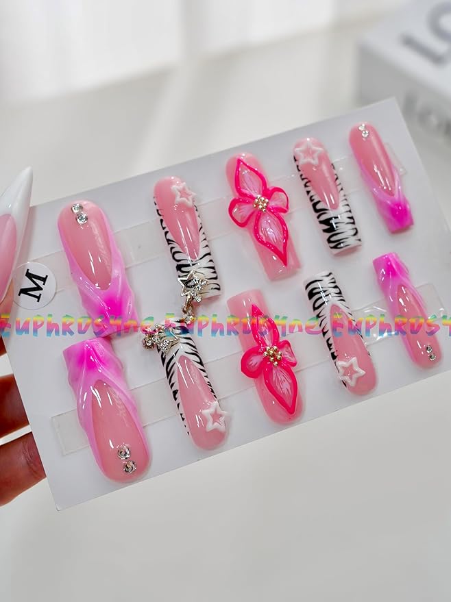 10PCS Pink Zebra Print Press On Nails – Long Coffin Fake Nails with Rhinestones, 3D Bows & Star Charms, Glossy Reusable Y2K Nails for Women and Girls – Euphrosyne