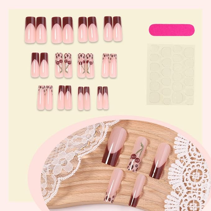 Long Press on Nails Square Fake Nails Red Acrylic Nail Press ons SEENEEY Cherry Leopard Stick on Nail for Women 24pcs