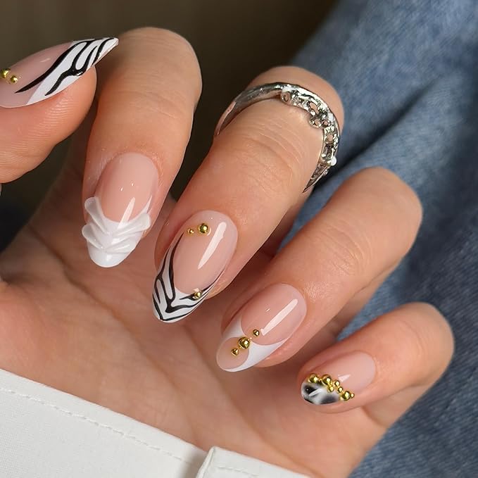 CurvLife Press On Nails Medium Almond Black White Abstract, Nude Soft Gel Glossy Fake Nails, Reusable Salon Look Manicure for Women Teens Beginners, 30pcs, Daily Wear Work Party