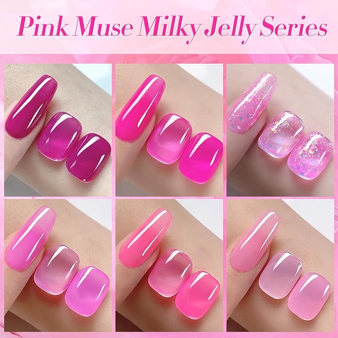 Born Pretty Jelly Pink Gel Nail Polish Milky Translucent Hot Pink Gel Polish Spring Summer Valentine's Day Gift Sheer Gel Polish Kit for Salon Manicure and Nail Art DIY at Home