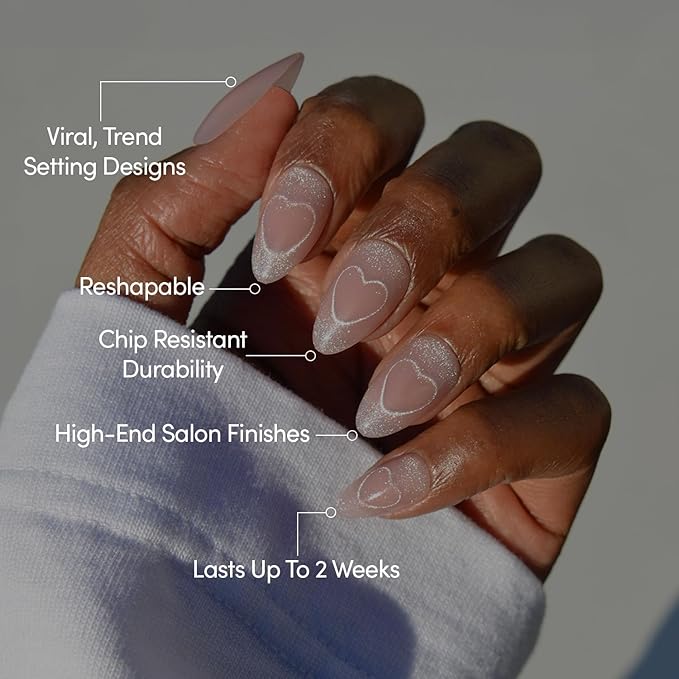 Valentines Day Glamnetic Press On Nails - Soulmate Energy | Short Almond Fake Nails in a Nude Pink Base with Cat-Eye Magnetic Heart Designs in a Velvet Finish | 15 Sizes - 30 Nail Kit with Glue
