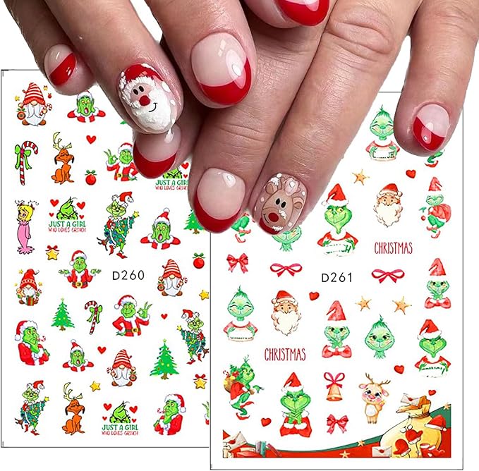 12Sheets Christmas Nail Art Stickers Green Fun Cartoon Santa Claus Designs Nail Decals Xmas Tree 3D Self-Adhesive Winter Holiday Nail Decoration Xmas DIY Manicure Accessories Supplies for Women Kids