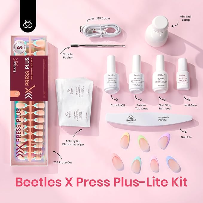 Beetles X Press Plus French Tips Press On Nails, 16 Sizes 224 Pcs Pastel Short Almond Press On Nails Gel Nail Tips Pre-Applied Primer Base Coat Soak Off Uv Nail Extension Manicure Gift for Women