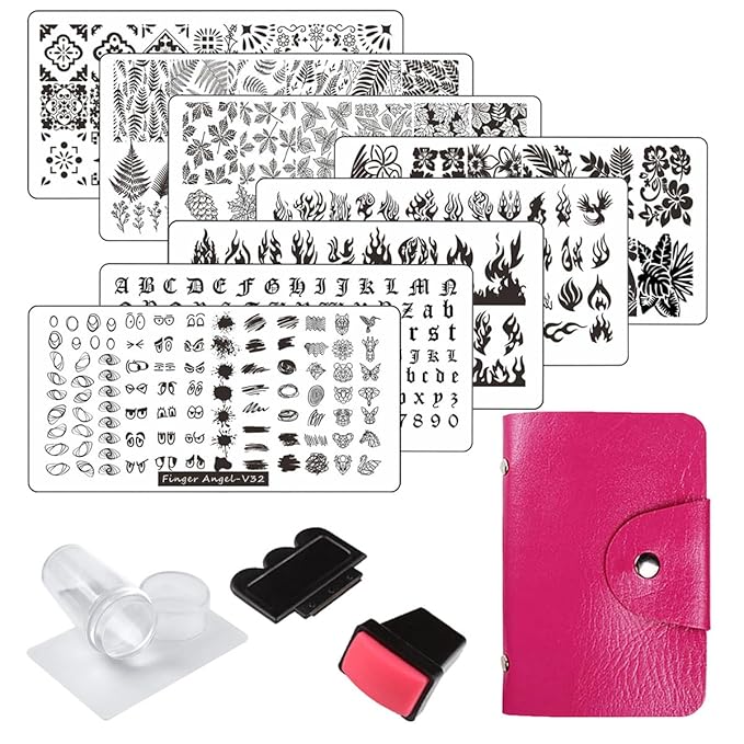 13pcs Stamping Nail Art Plates set 8 Stamping Plates with 2Stamper 2Scraper 1storage bag Nails Art Stamping Plate Scraper Stamper Set Leaves Flowers Animal Design Nail Template Image Plate