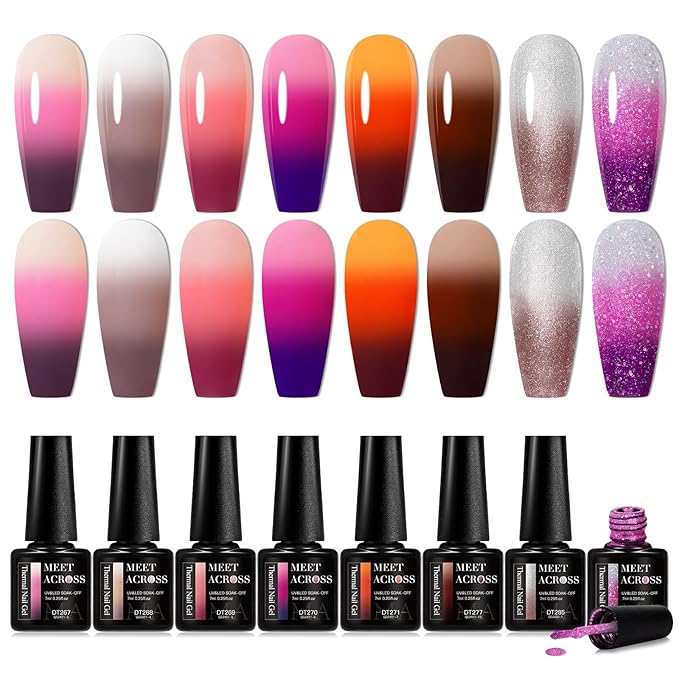 MEET ACROSS Mood Gel Nail Polish Set Temperature Color Changing Gel Colors Collection Red Pink Purple Glitter Brown Gold Gel Polish Soak Off 8 Colors Holiday Gifts Salon DIY at Home