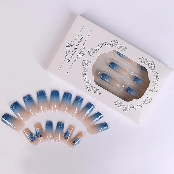 MISUD Press on Nails - Long Square Fake Nails with Blue Ombre, Acrylic Bling Glitter Design 24 pcs