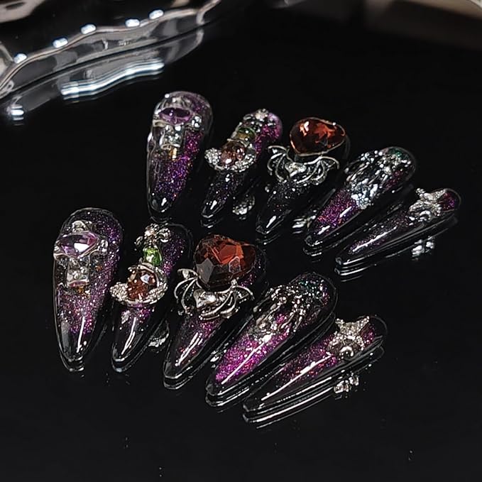 Handmade Press on Nails Medium Almond Fake Nail Halloween 3D Spider and Silver Spider Web Designs Black French Tip Stick on Nails Red Heart Thick False Nails for Women (S)